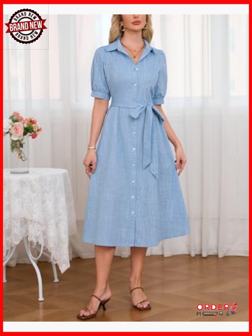 Button Down Shirt Dress Puff Short Sleeve Midi Tunic with Belt - Picture 6 of 6